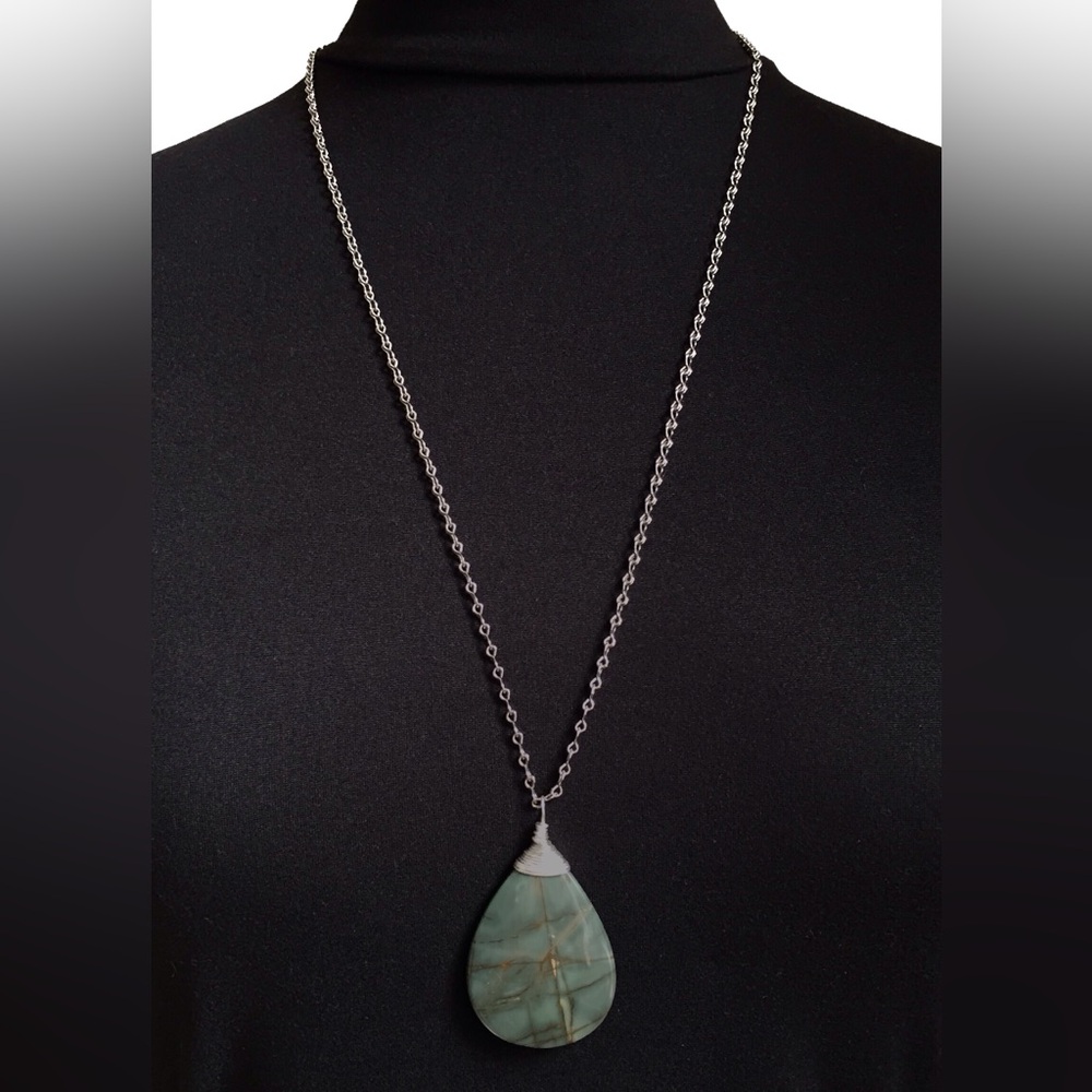 Natural Green Picasso Jasper Teardrop Pendant Necklace